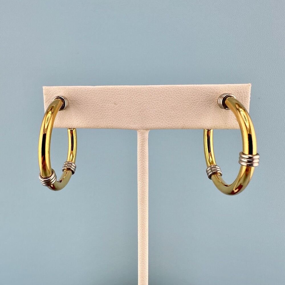 Vintage Napier Hoop Earrings Shiny Gold Tone Silver Tone Accents Clip On Signed